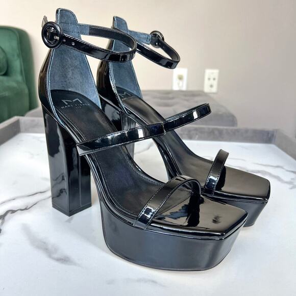 NEW Marc Fisher Frita Black Patent Leather Platform Sandals Size 8.5 - Picture 2 of 9